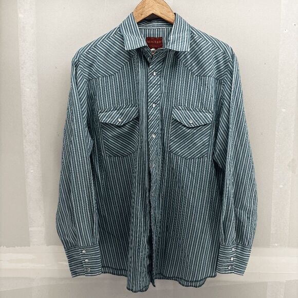 Vintage Rustler Shirt Mens L Green White Striped Western Pearl Snap X-Long Tails - Picture 1 of 4